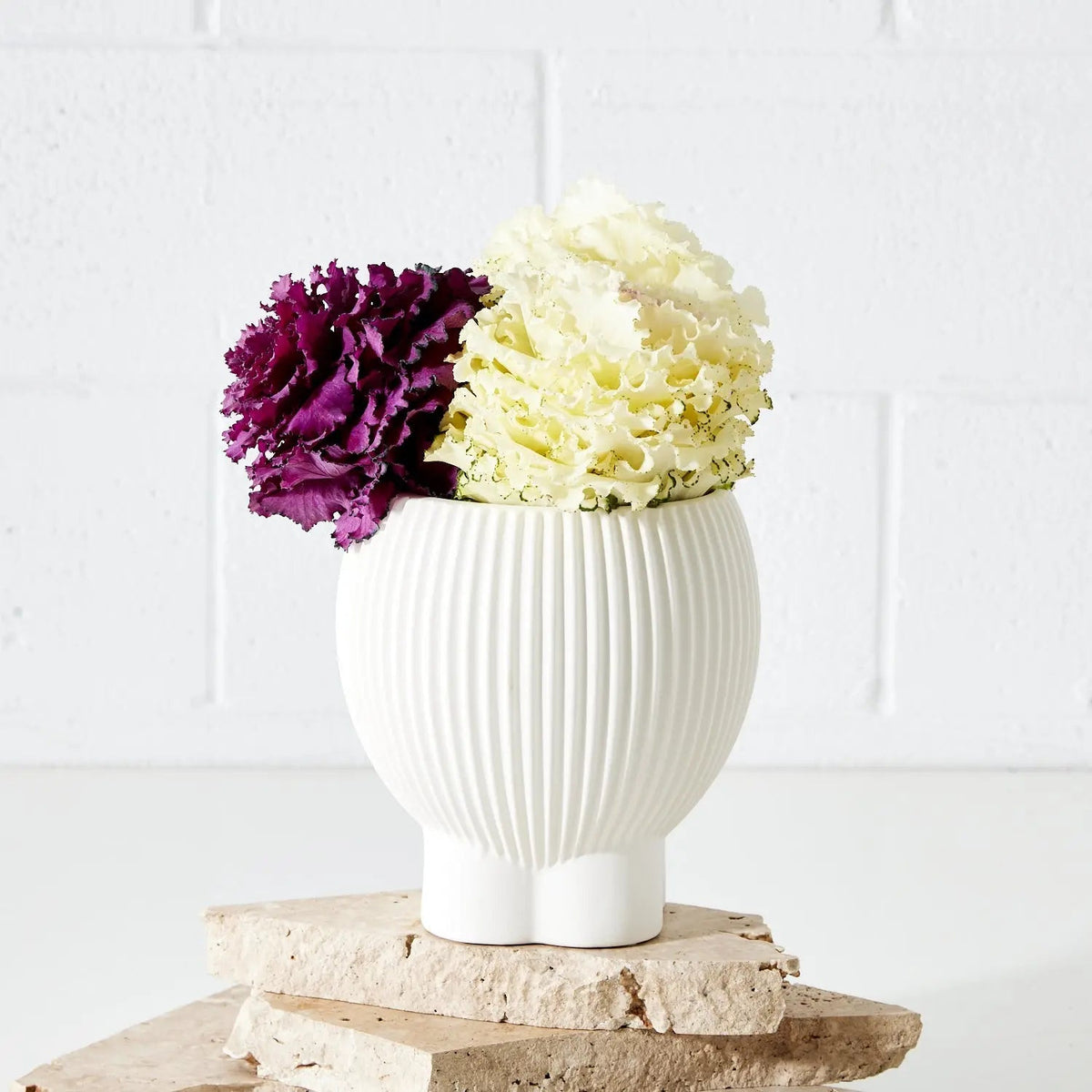 Footed Corrugated Ceramic Vase White KAILE